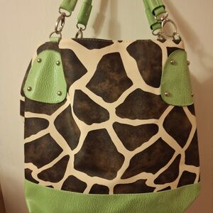 Giraffe Print Shoulder Bag with Green Accents